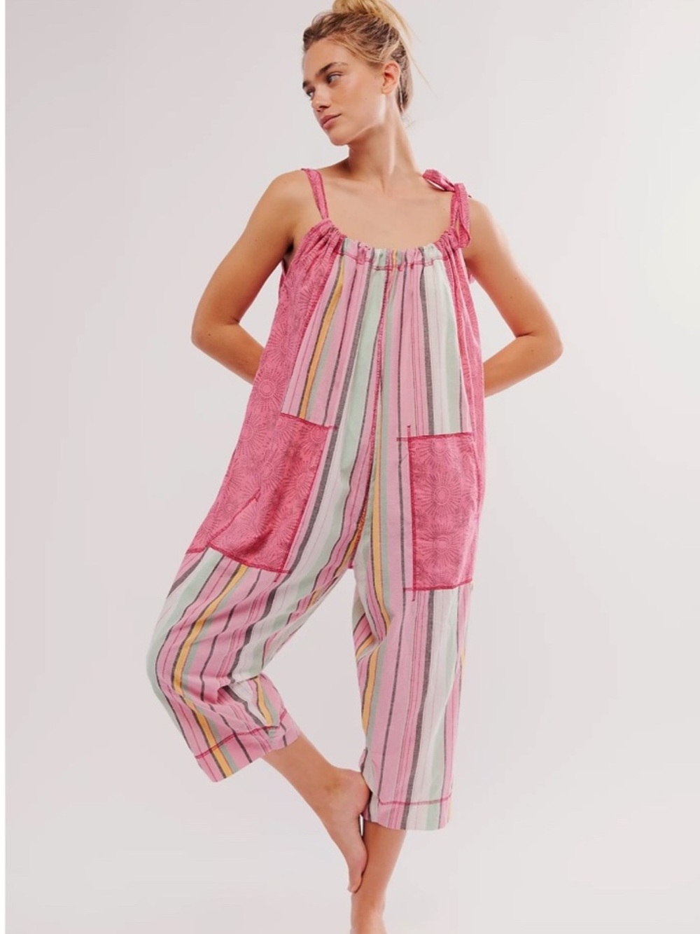 Free People Striped Pink Cotton Wide-Leg Jumpsuit